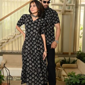 Couple Matching Black Cotton Anarkali Midi Dress and Shirt Set ? Vertical Vine Block Print