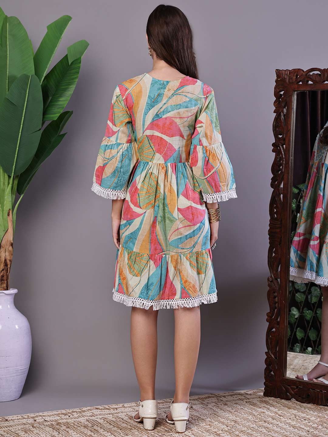 Wome's Multicolor Printed Cotton A-Line Dress with Embroidered Yoke Midi Dresses - Image 2