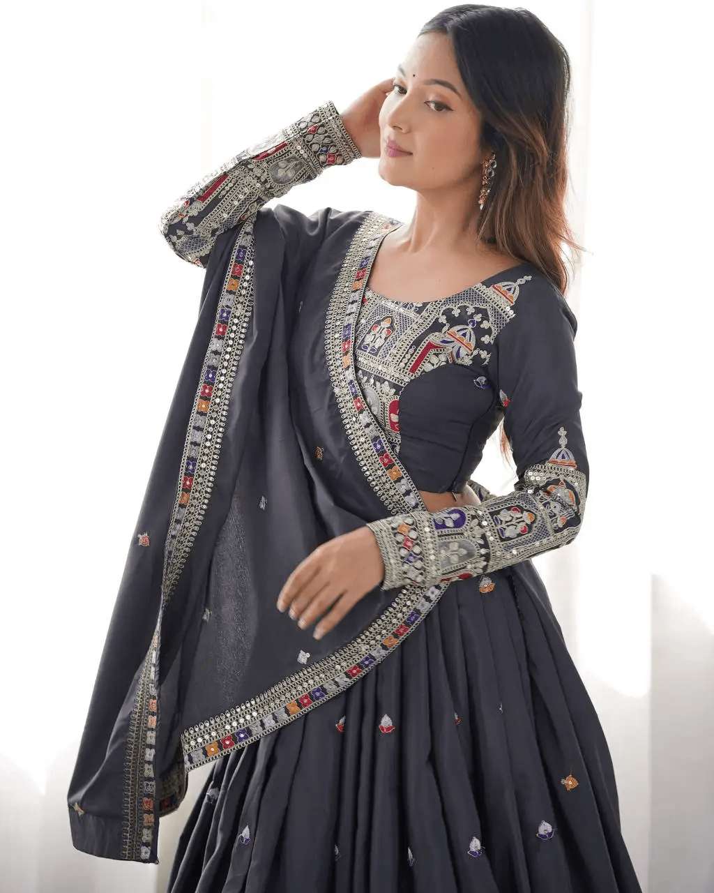Women's Crepe Silk Sequence Embroidery and Zari Work Rajsthani Lehenga Choli with Dupatta - Image 2